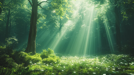 A forest with sunlight shining through the trees