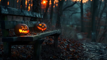 Halloween pumpkins in the forest at night.Halloween background with Evil Pumpkin. Spooky scary dark Night forrest. Holiday halloween banner background