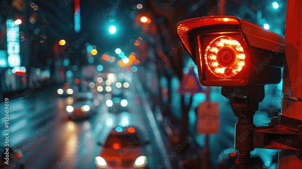 Poster urban scene with illuminated traffic light, suitable for transportation concepts