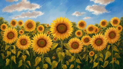 Obraz premium Vector Sunflowers Meadow in Oil Painting Flowers with blue sky with clouds