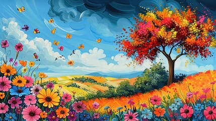 Artistic depiction of a lively landscape with a colorful autumnal tree and flower field under a dynamic sky