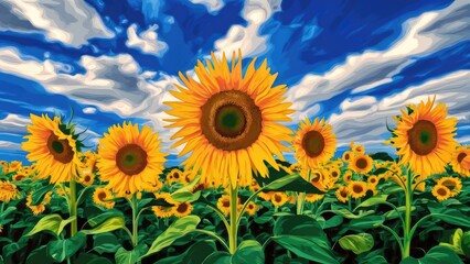 Fototapeta premium Vector Sunflowers Meadow in Oil Painting Flowers with blue sky with clouds