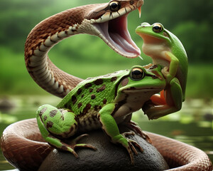 A snake is hunting a frog.