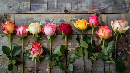 A stunning bouquet of roses in various shades of red, pink, and yellow, arranged against a rustic wooden background.