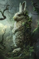 This image features a creature that resembles a rabbit covered in moss and foliage integrated with its environment