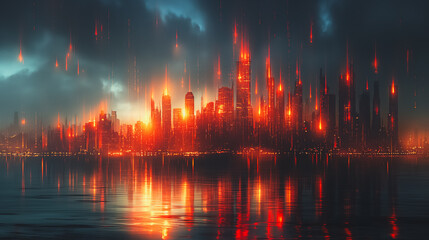 A cityscape with a lot of fire and smoke in the background