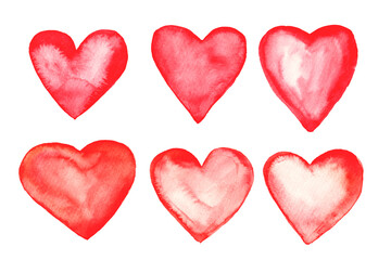 Set of hand drawn watercolor red hearts. Raster illustration, watercolor on paper. Bright watercolor drawings, wet paper. Cards for Valentine's Day.