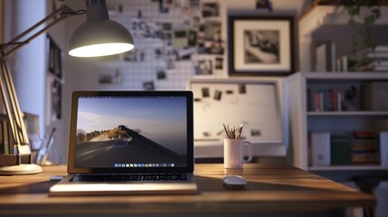 Naklejka premium ノートパソコンの置かれた机、自宅の部屋 