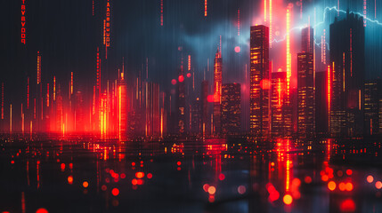 A cityscape with a bright red sky and a storm in the distance - Powered by Adobe
