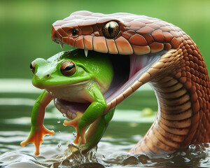 Fototapeta premium A snake hunting a frog. 