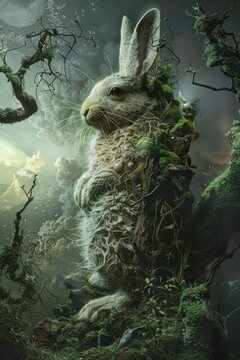 This image features a creature that resembles a rabbit covered in moss and foliage integrated with its environment