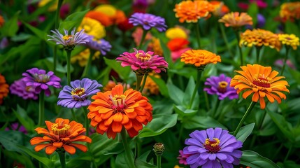 A tranquil garden scene with colorful zinnia flowers in shades of orange, purple, and yellow, blooming in profusion.