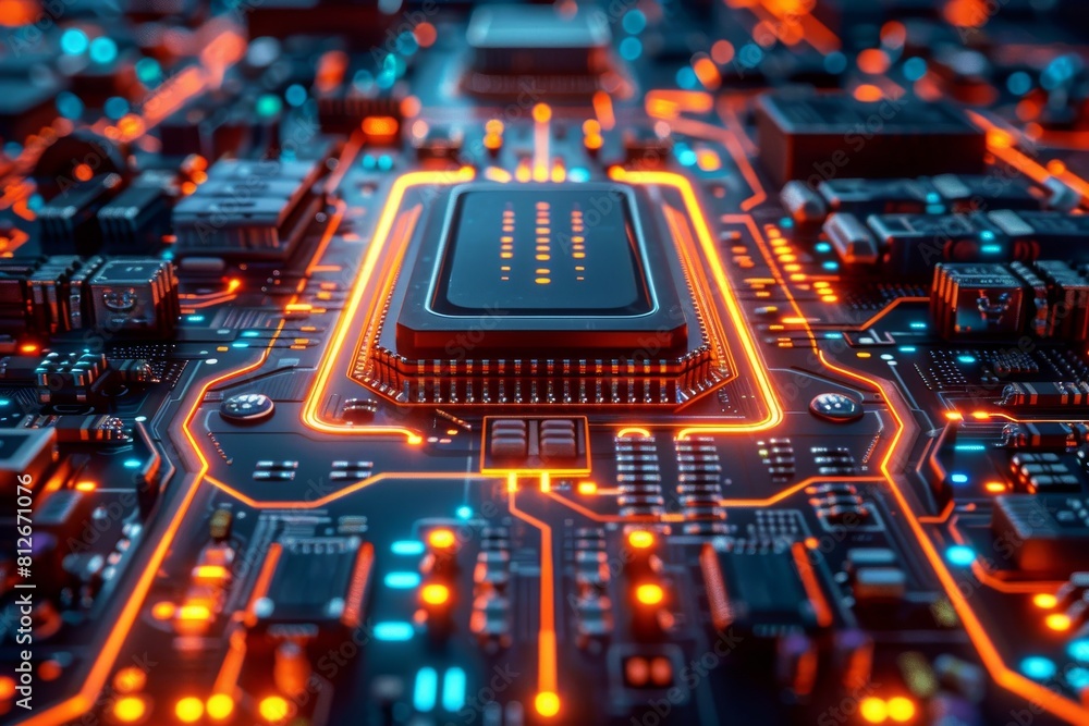 Poster a close-up view of a circuit board with a central processing unit illuminated by neon lights