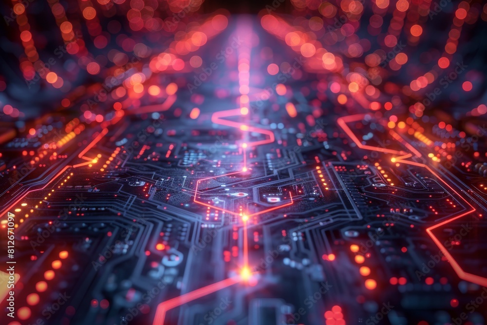 Poster futuristic image showing red neon glowing pathways on a complex electronic circuit board