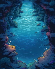 imaginative high-angle view of a whimsical underwater world with rippled water and glowing marine life in a detailed digital vector art style