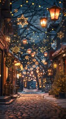 Fototapeta premium a digital rendering of a charming street adorned with twinkling holiday lights, evoking a warm and inviting atmosphere with a photorealistic touch