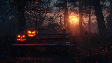 Halloween pumpkins in the forest at night.Halloween background with Evil Pumpkin. Spooky scary dark Night forrest. Holiday halloween banner background
