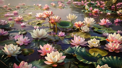 A tranquil pond surrounded by vibrant lotus flowers in shades of pink, white, and purple.