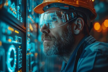 An engineer in a hard hat intently observes the data on server rack monitors in a tech environment