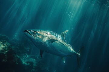 A magnificent tuna fish glides through the sunlit deep blue ocean, showcasing the majestic beauty of underwater life
