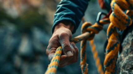 A man rappelling down a rock face.