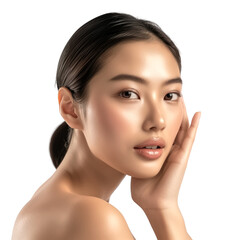 Obraz premium Asain woman with a perfect face touching her beauty skin, beauty concept, isolate on transparent background
