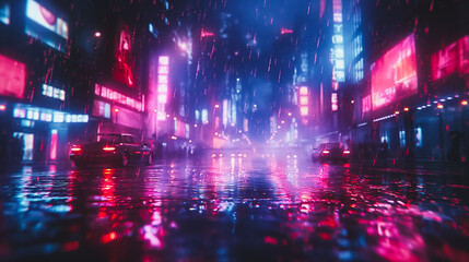 A city street with neon signs and cars driving in the rain