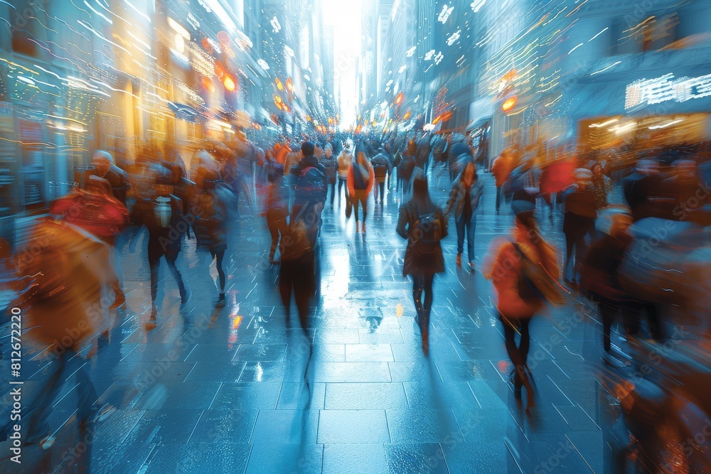 Poster an artistic capture of a busy city scene with light trails and motion blur adding a sense of rapid m