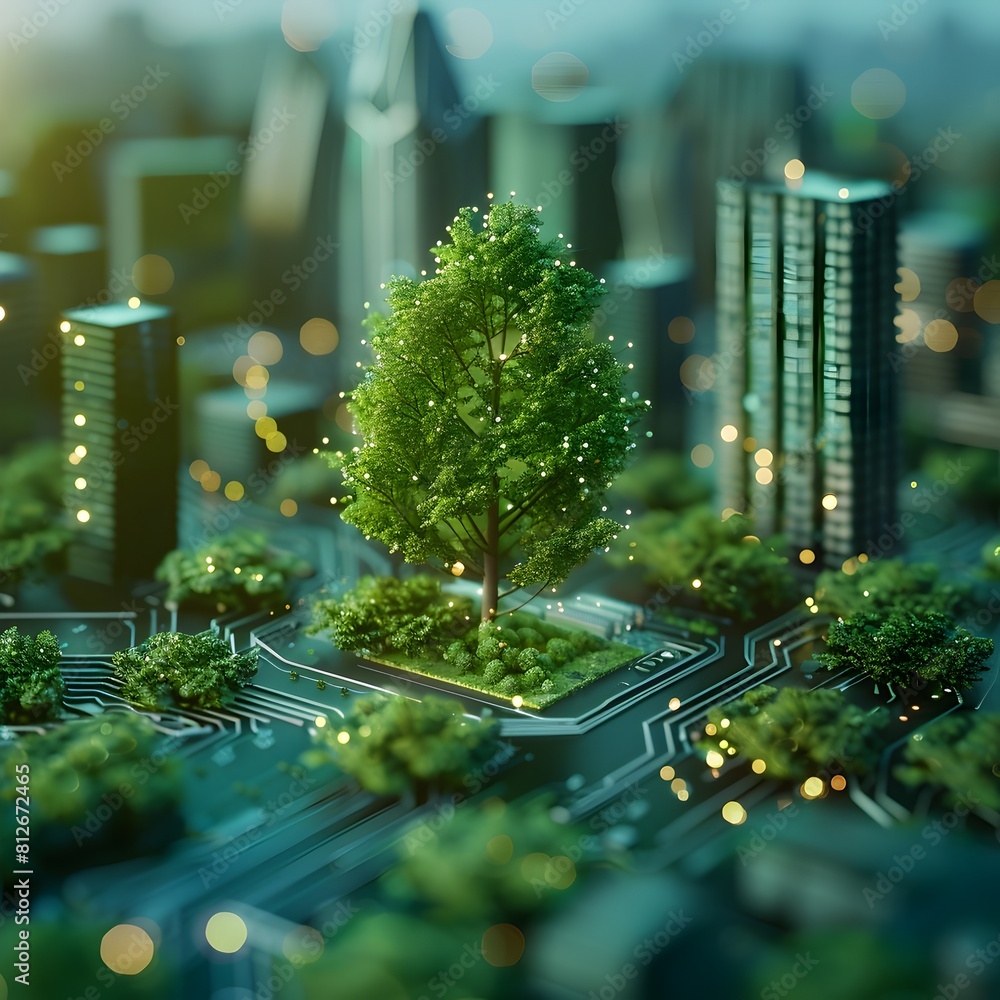 Poster sustainable smart city with green technologies and efficient resource management visualized in minia