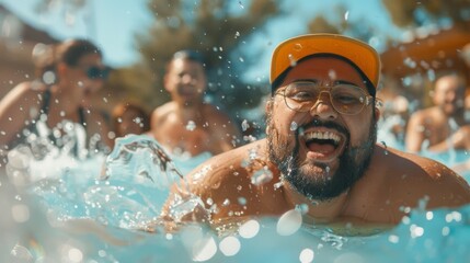 In the pool, a group of friends enjoys laughter and splashes with a chubby man