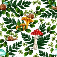 Seamless pattern of Fly Agaric, Russula and Chanterelle mushrooms, clover, leaves, fern and snails on white, hand drawn marker illustration. For wallpapers, wrapping paper, textile, fabric etc.