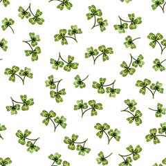 Seamless pattern of hand drawn clovers on white background, marker illustration. For wallpapers, wrapping paper, fabric, textile, product packaging, polygraphy covers, Saint Patrick's Day decorations