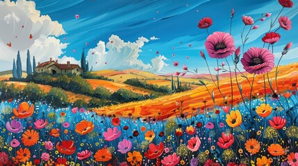 Panoramic landscape painting with vivid flowers in the foreground and a Tuscan-style house