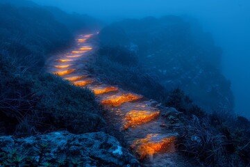 A blue-hued mountainous trail, aglow with ethereal warm lights, creates a mystical nighttime scene