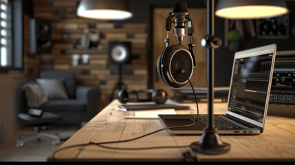 A sleek setup in the studio modern headphones and a laptop on a wooden table with a minimal background and a microphone standing nearby, Generated by AI