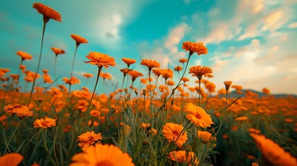 A vibrant field of orange marigold flowers in full bloom, creating a stunning display of color against a blue sky.