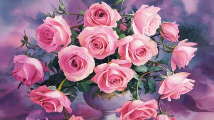 Fototapeta premium watercolor pink rose flower bouquet