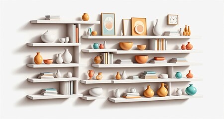 Modern White Shelves with Decorative Items. Generative AI.