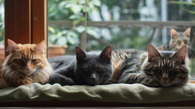 Tranquil diverse cats relaxing together on a window sill overlooking a garden. - Powered by Adobe