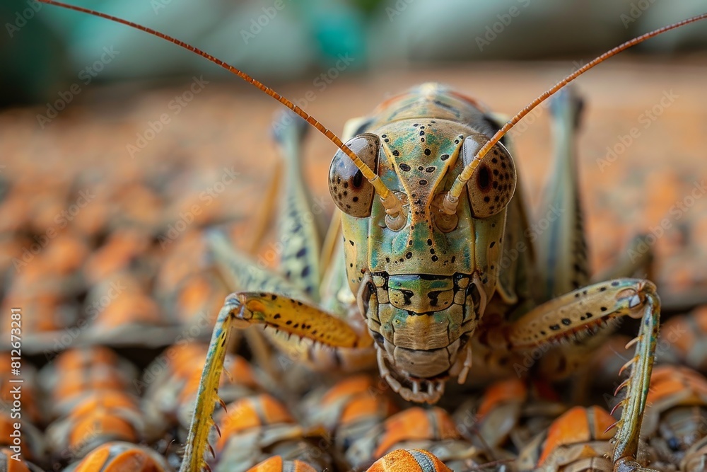 Poster close-up photograph of a locust showing intricate patterns and texture on its body, with a blurred l