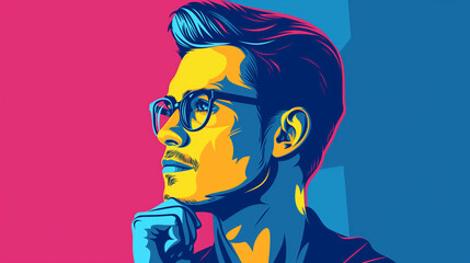 Young man in contemplation, rendered in vibrant blue and red shades with a pop art style.