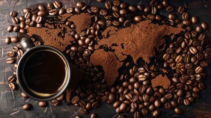 Naklejka premium Coffee beans, on a black background, top view a pile of large cracked black roasted coffee beans on a black slate background