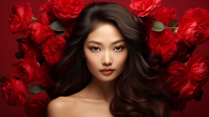 Stunning Asian woman adorned by the vibrant elegance of red roses, creates a captivating scene exuding beauty, grace and cultural richness.