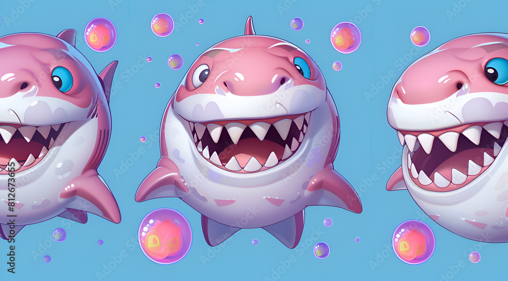 Aufkleber three different pictures of a shark with bubbles surrounding it. the shark is smiling and has its mo