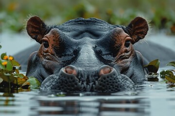 This image captures a submerged hippo in a natural water habitat, with focus on its alert eyes