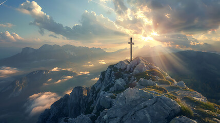 Mountain Summit Cross: Inspiring Christian Image with Sunlight Breaking Through Clouds