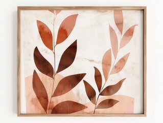 Earthy Boho Plant: Abstract Art Print on Beige Paper with Wooden Frame