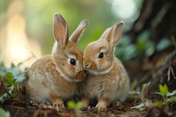 Fototapeta premium Two adorable rabbits cuddle in a serene forest setting, showcasing wildlife intimacy
