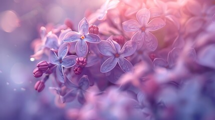 A close-up of delicate purple lilac flowers in bloom, emitting a sweet and fragrant aroma.