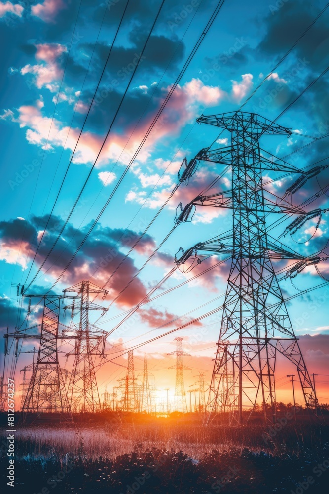 Poster a group of power lines with the sun setting in the background. suitable for energy or technology con